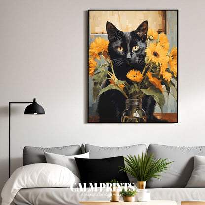 Charming floral artwork of a black cat in a field of sunny blooms
