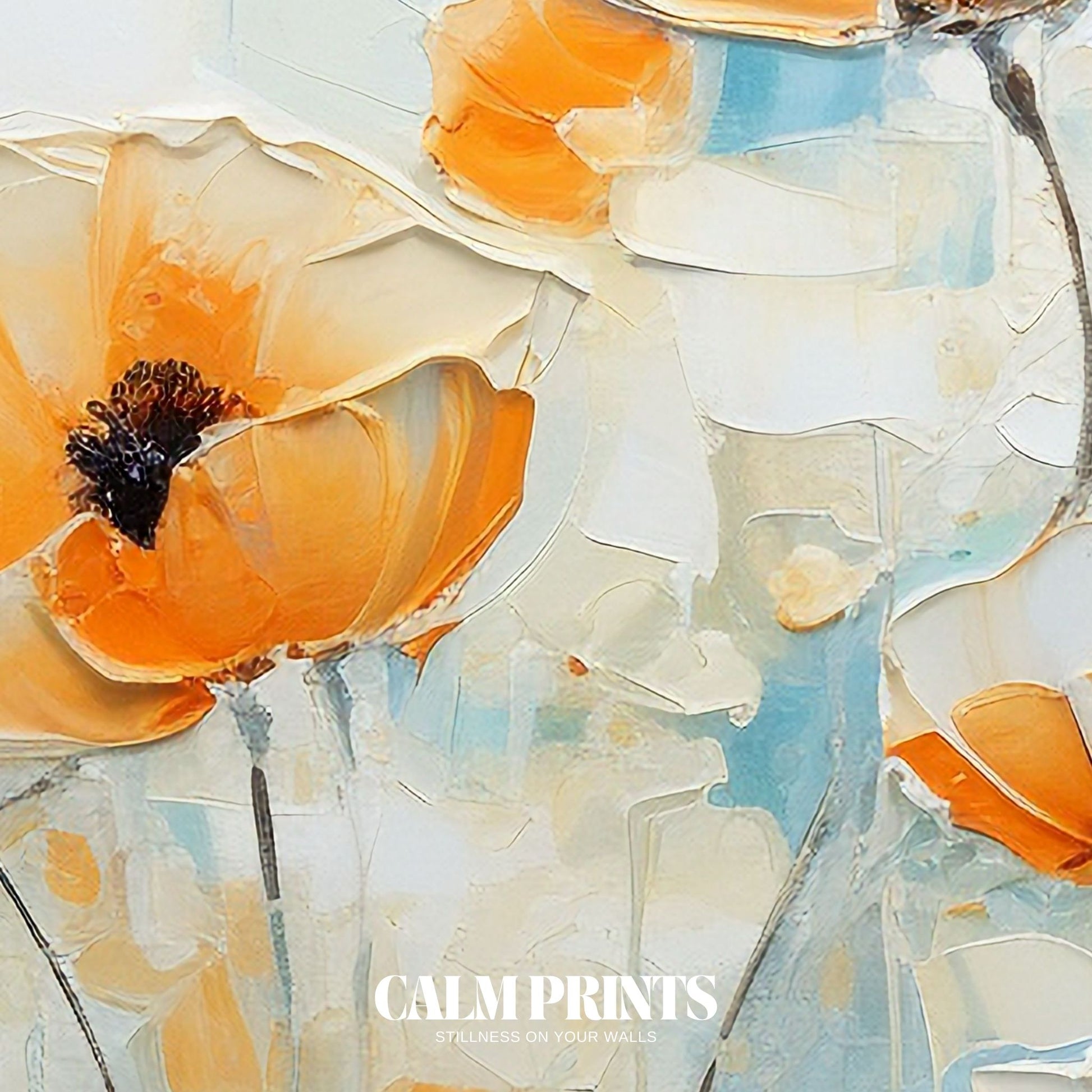 Abstract floral design with striking orange over a blue backdrop