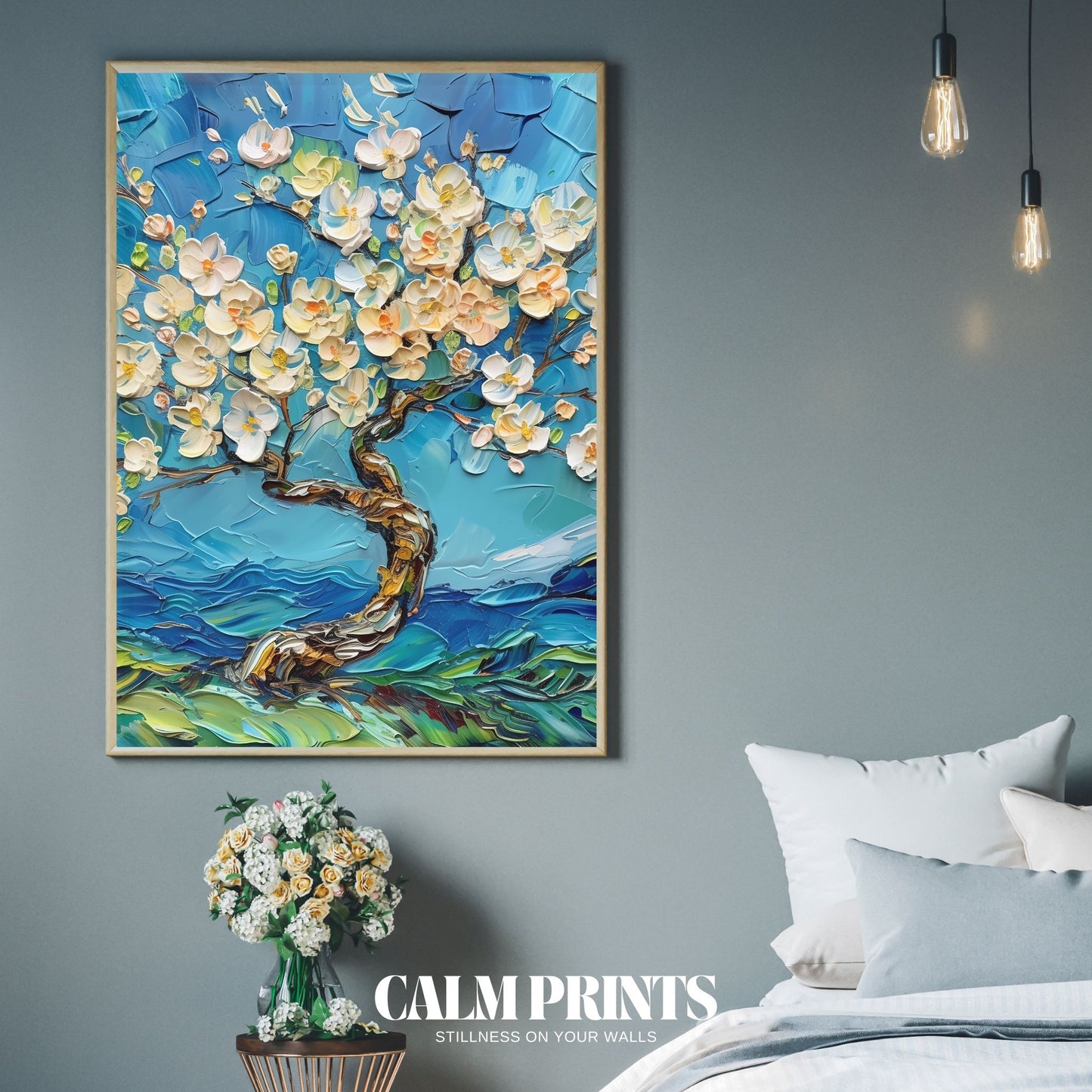 Delicate tree blossoms rendered in a palette of gentle blue hues
