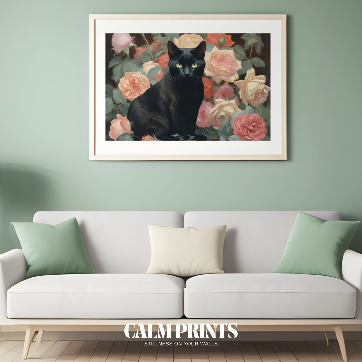Floral artwork with a dark-furred cat hidden among soft pink roses