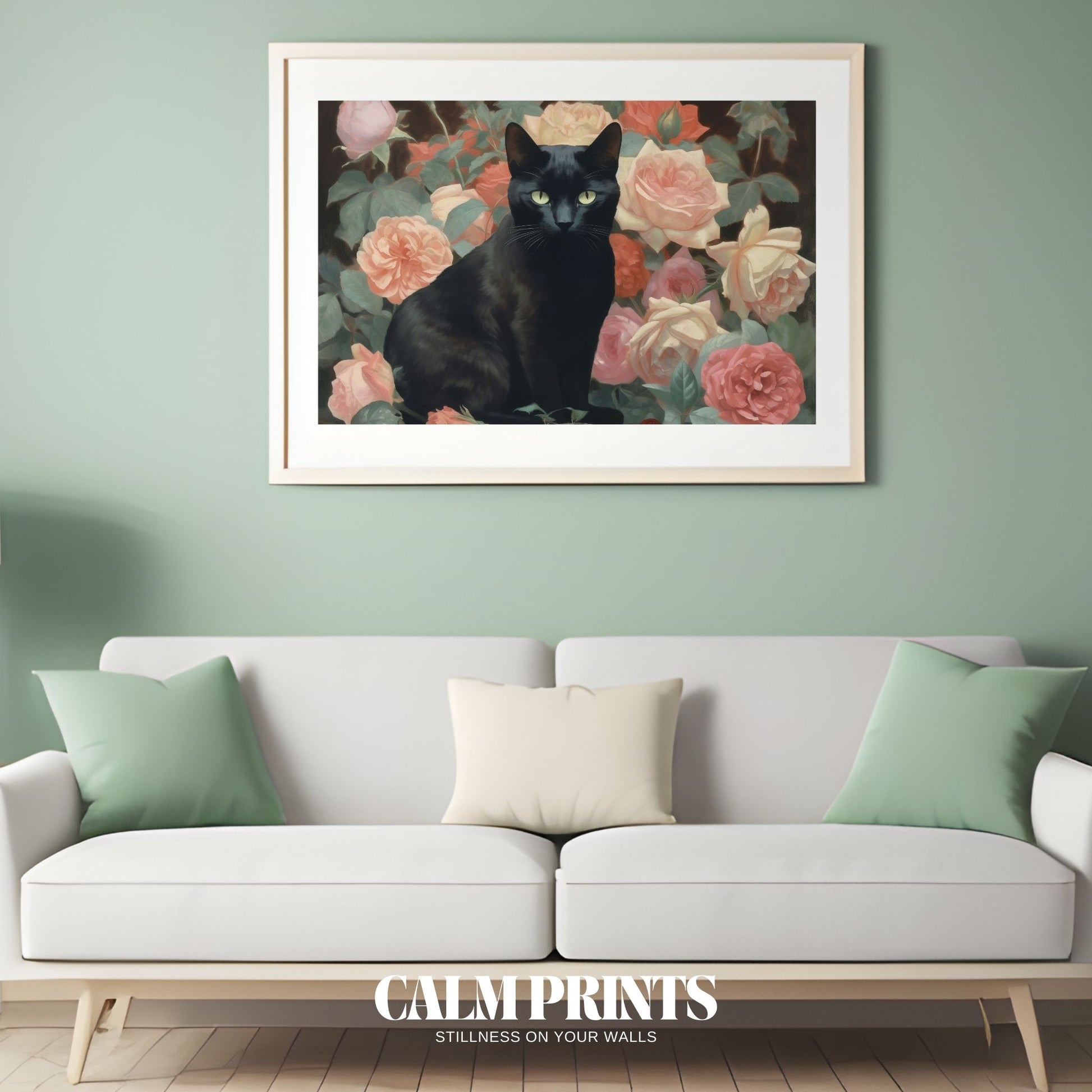 Floral artwork with a dark-furred cat hidden among soft pink roses