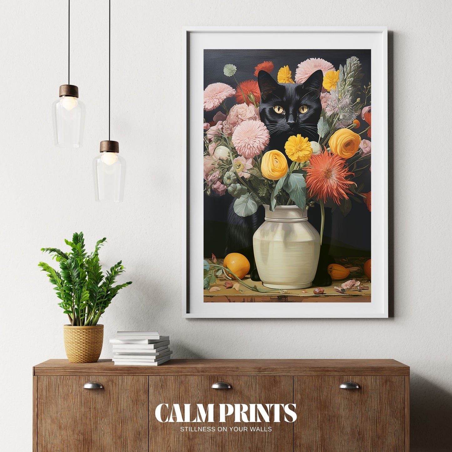 Poster of a floral spring arrangement with a curious black cat
