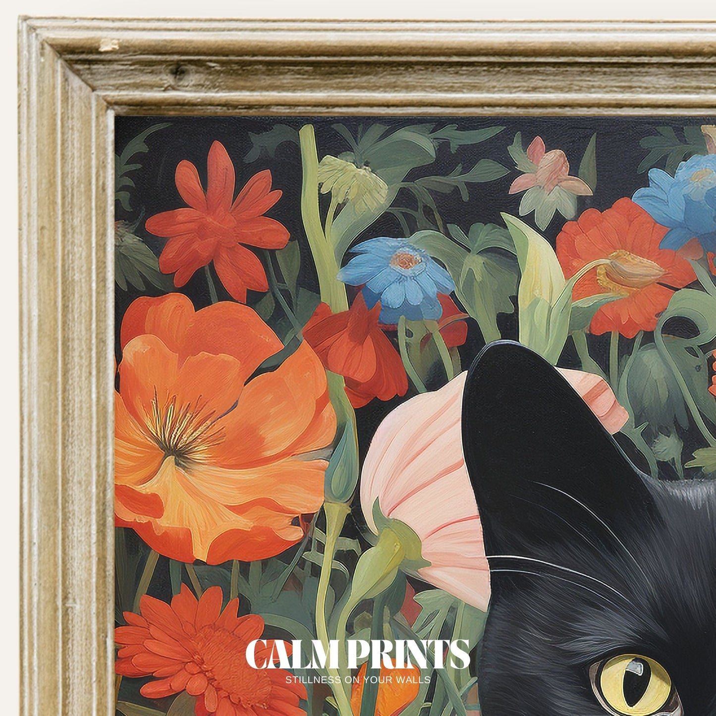 Colourful floral art featuring a black cat surrounded by lively blossoms