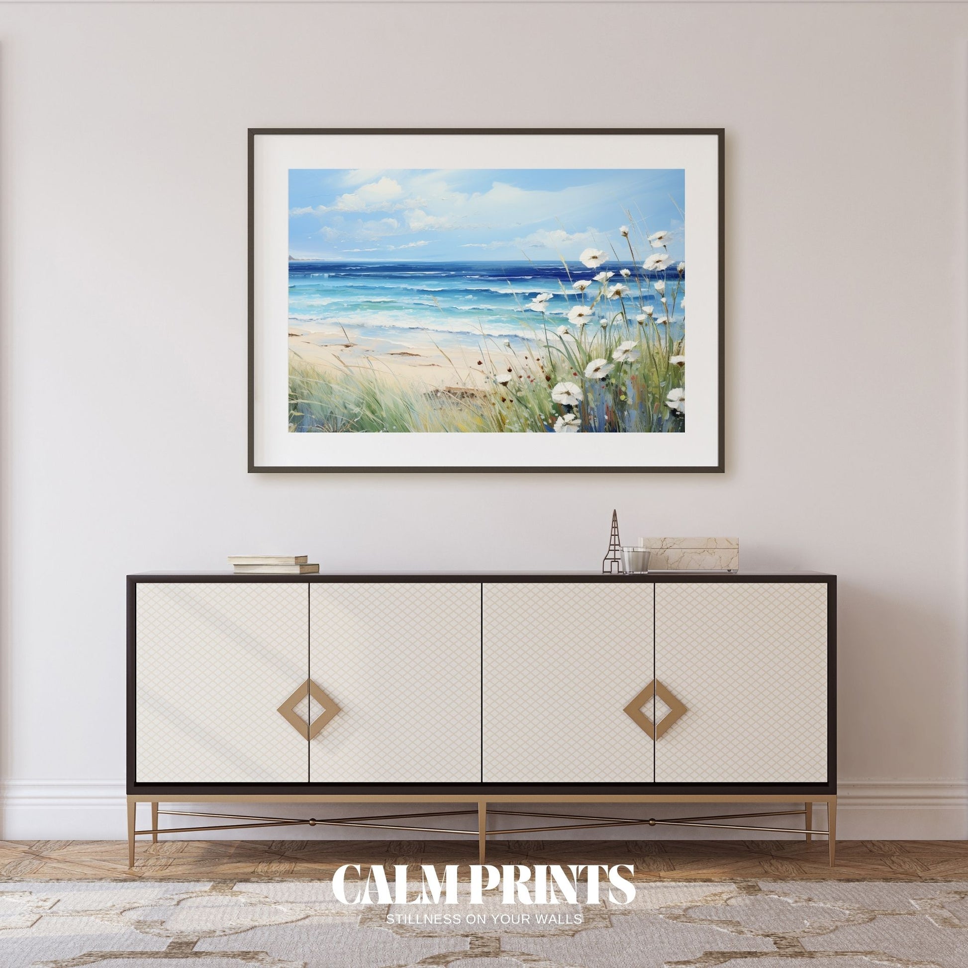 Artwork of a floral coastline with white flowers and clear blue sea
