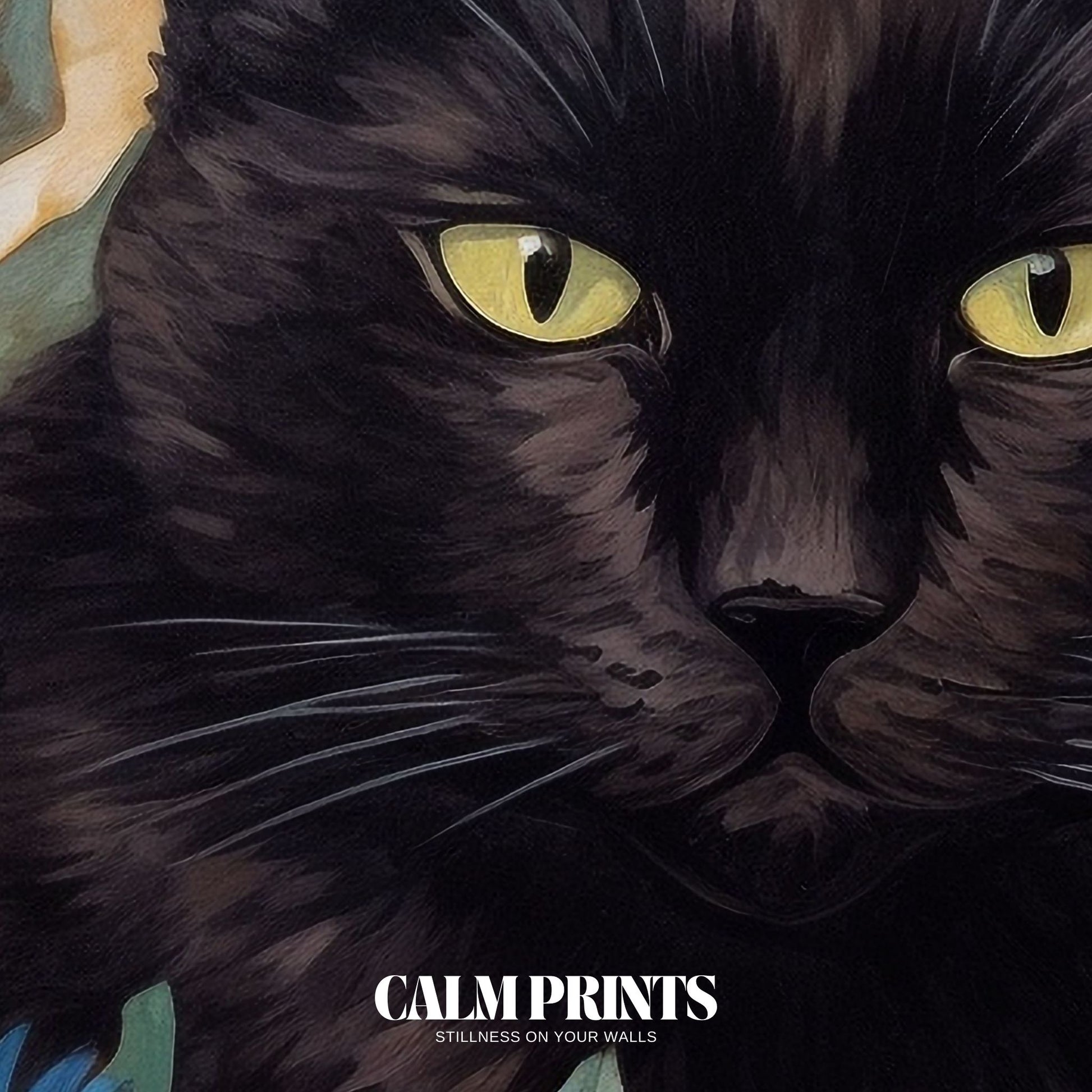 Art print of a floral meadow scene with a black cat and golden light