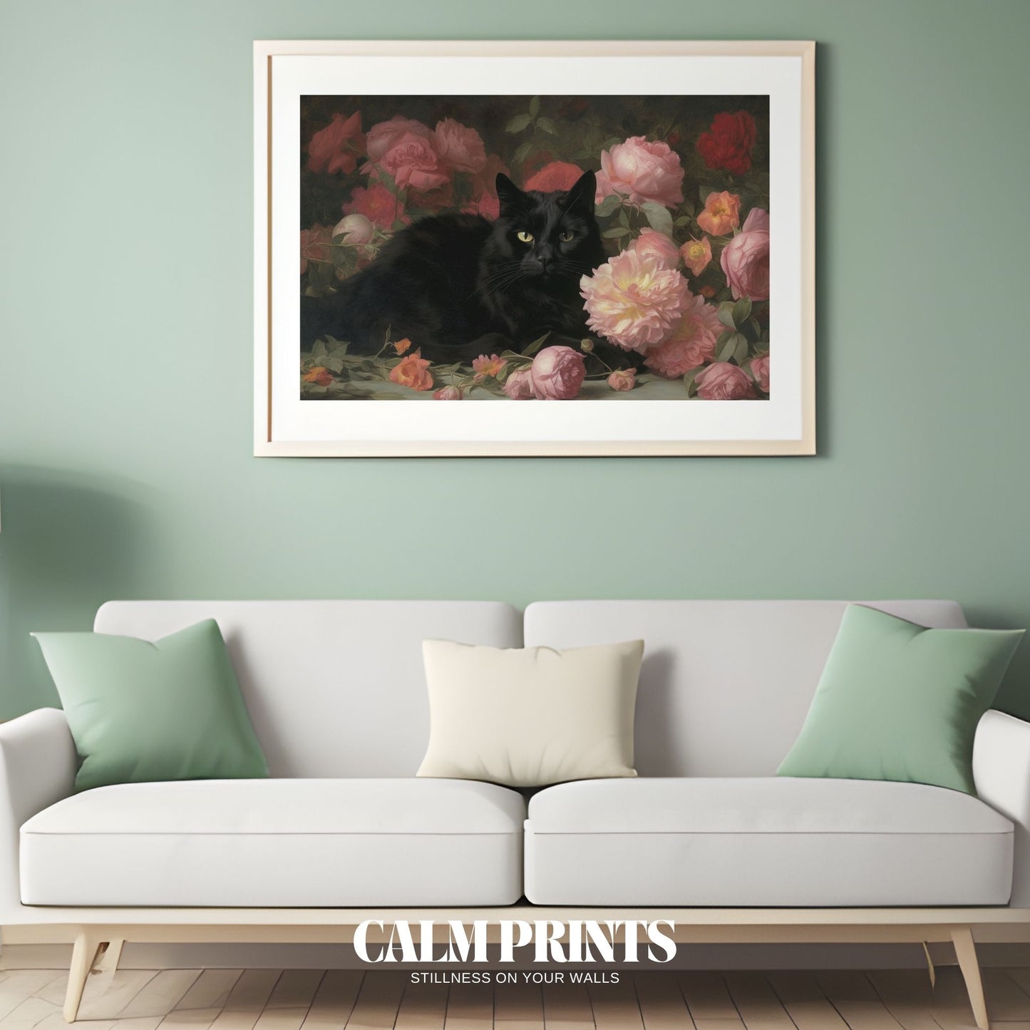 Wall poster of a black cat basking in a vibrant floral sanctuary