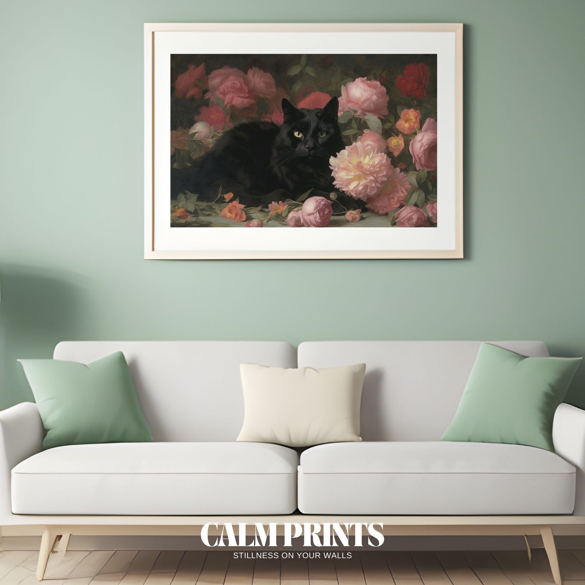 Wall poster of a black cat basking in a vibrant floral sanctuary
