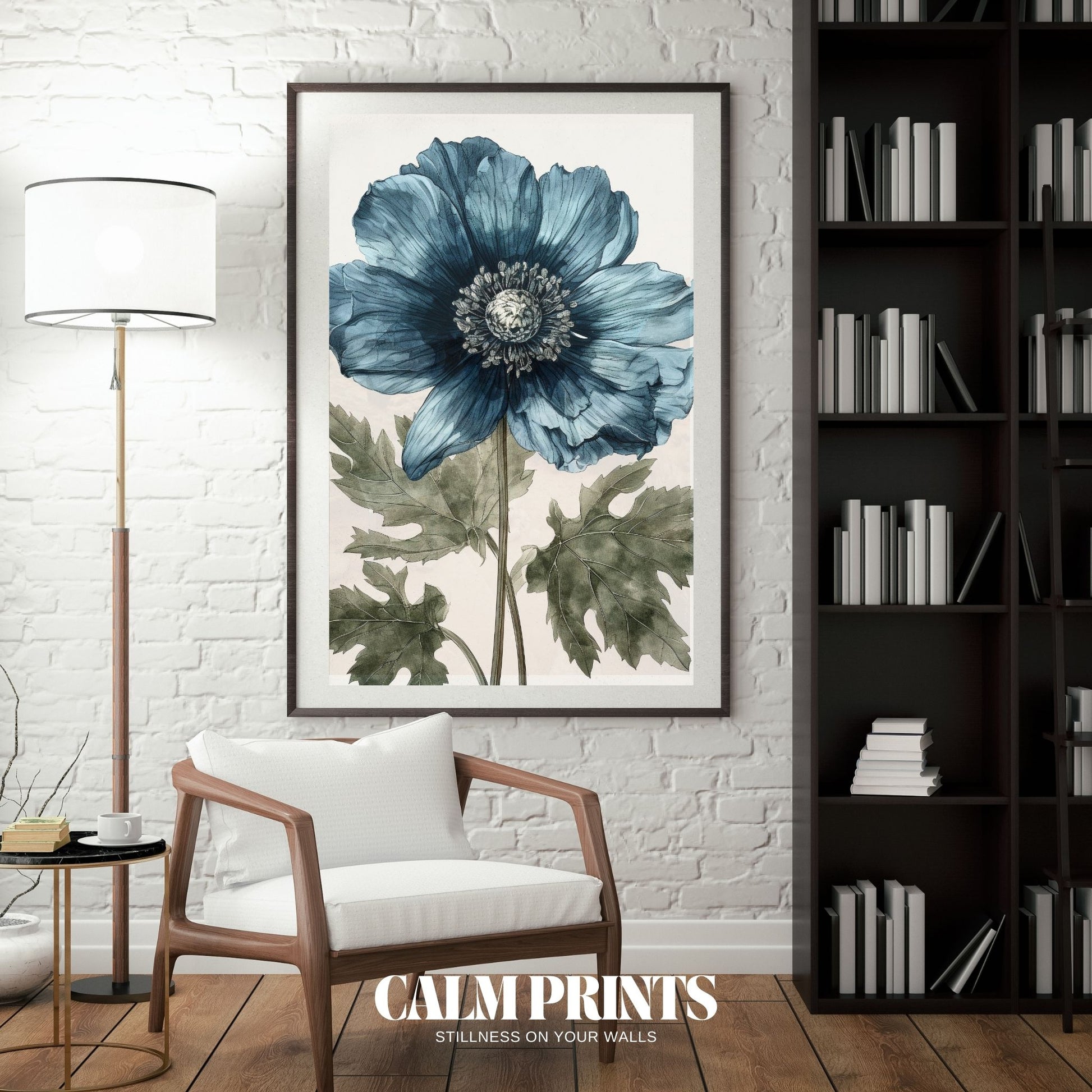 Illustrated floral outline with flowing blue petals in calm tones
