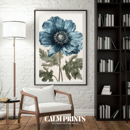 Illustrated floral outline with flowing blue petals in calm tones
