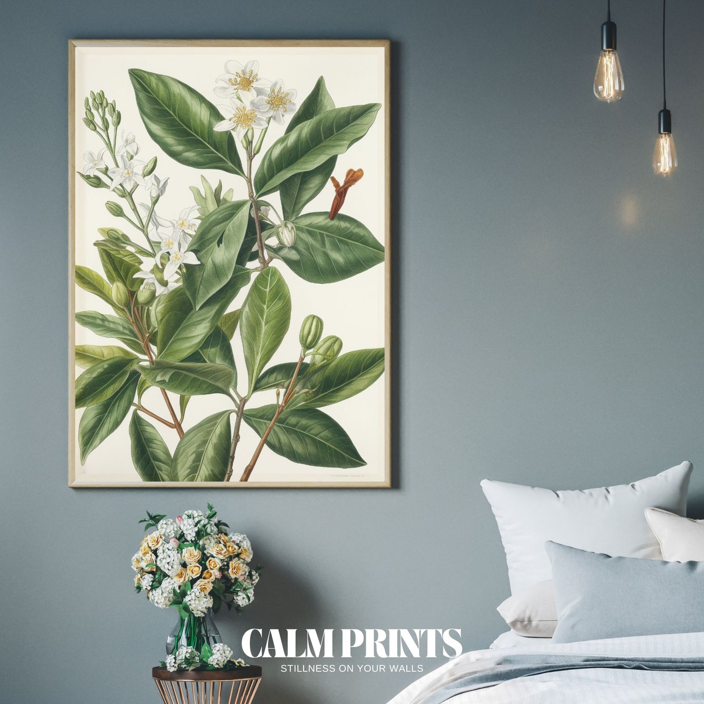 Botanical nature print of jasmine flowers in a traditional study style
