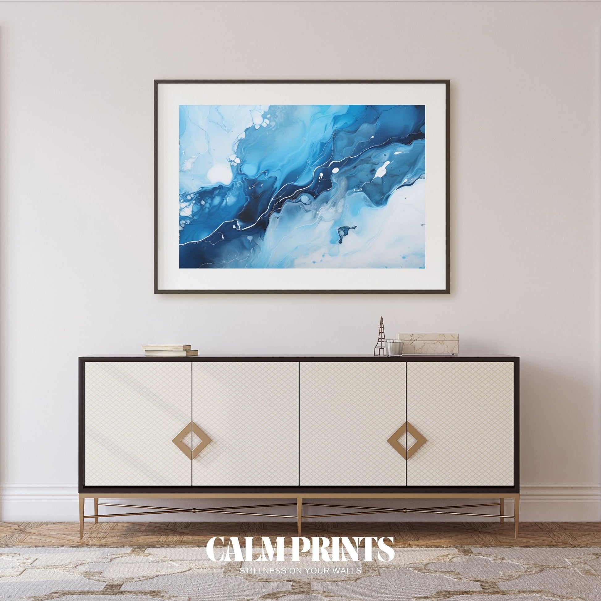 Poster featuring soft fluid wave motion in deep and pastel blues
