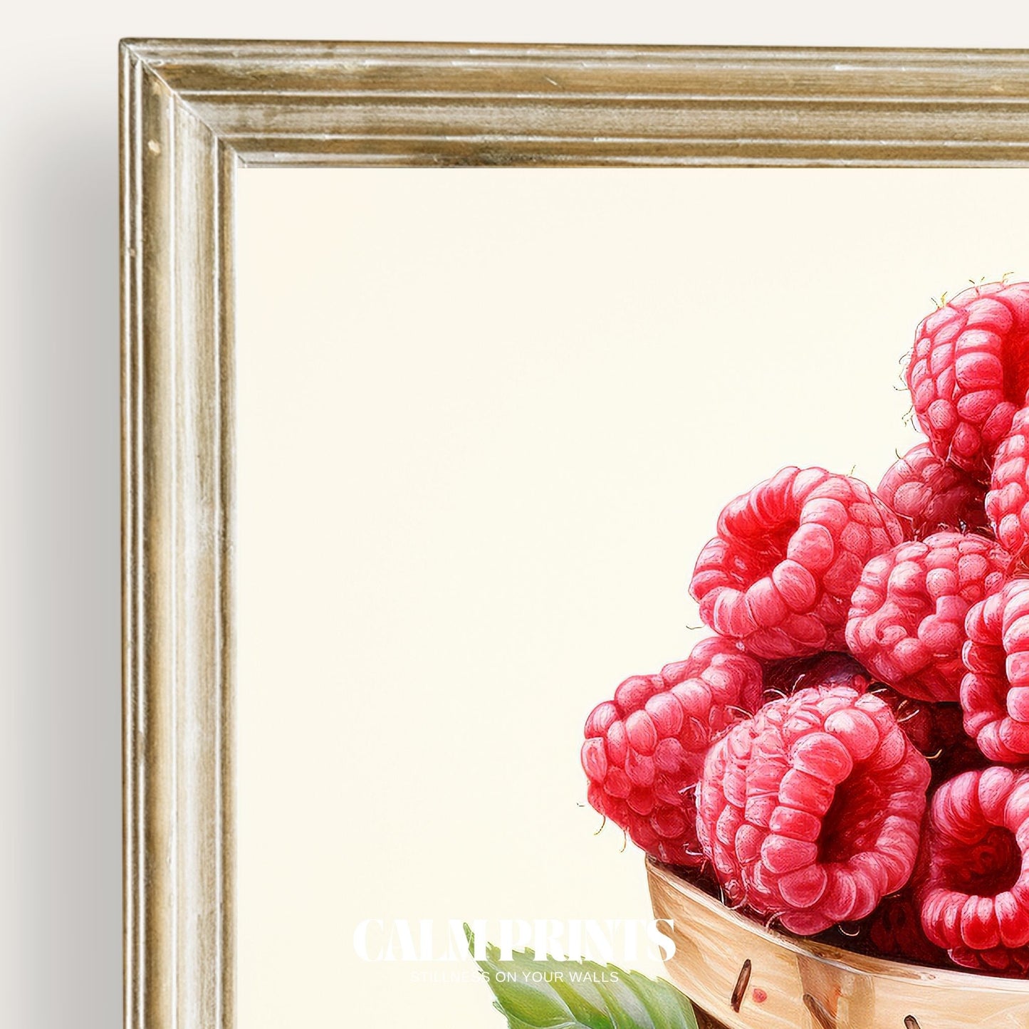 Art print of juicy red raspberries gathered in a rustic woven basket