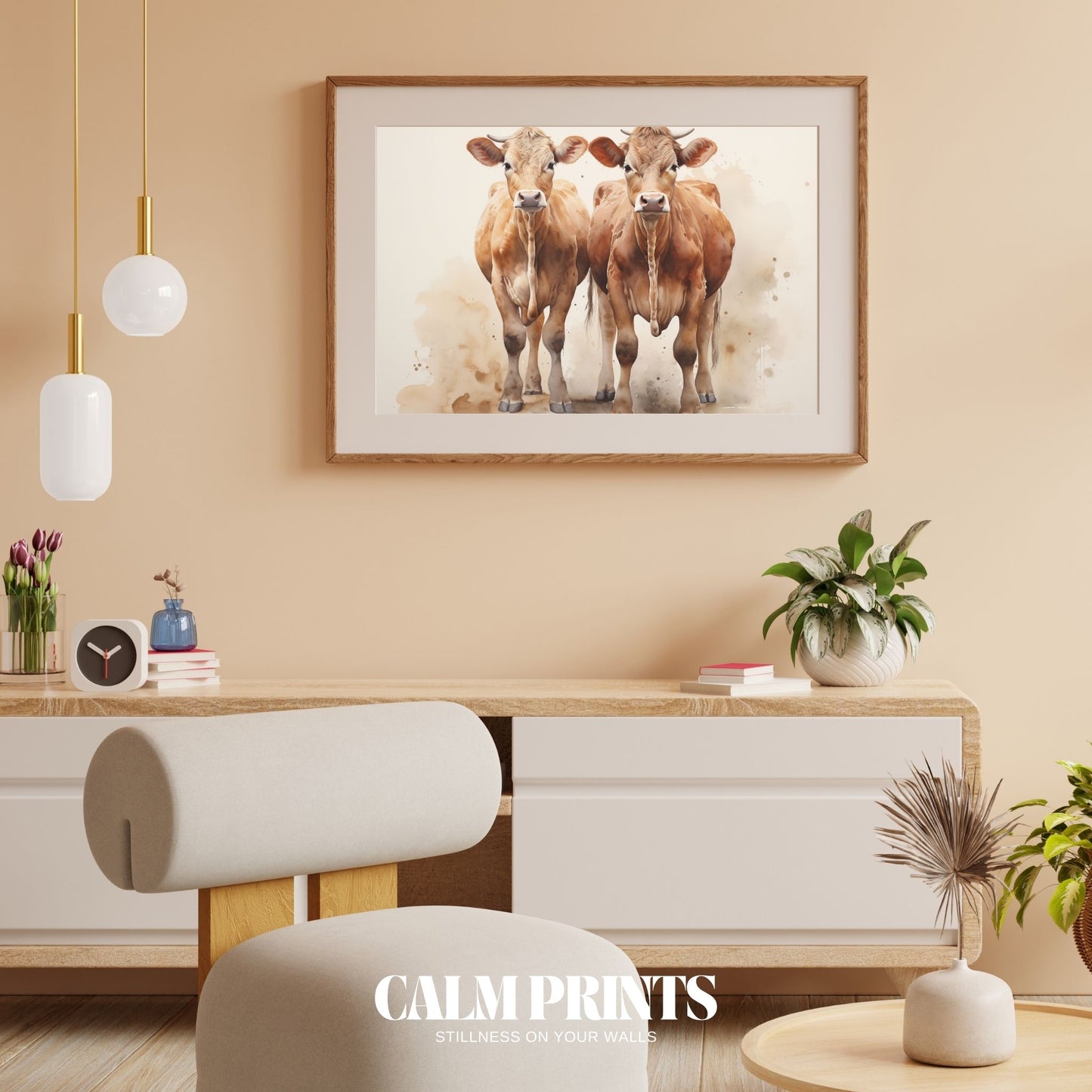 Friendly cow duo painted in delicate watercolours with countryside charm
