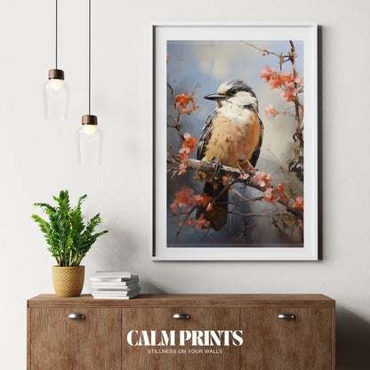 Peaceful garden moment with a small bird nestled among fresh blossoms