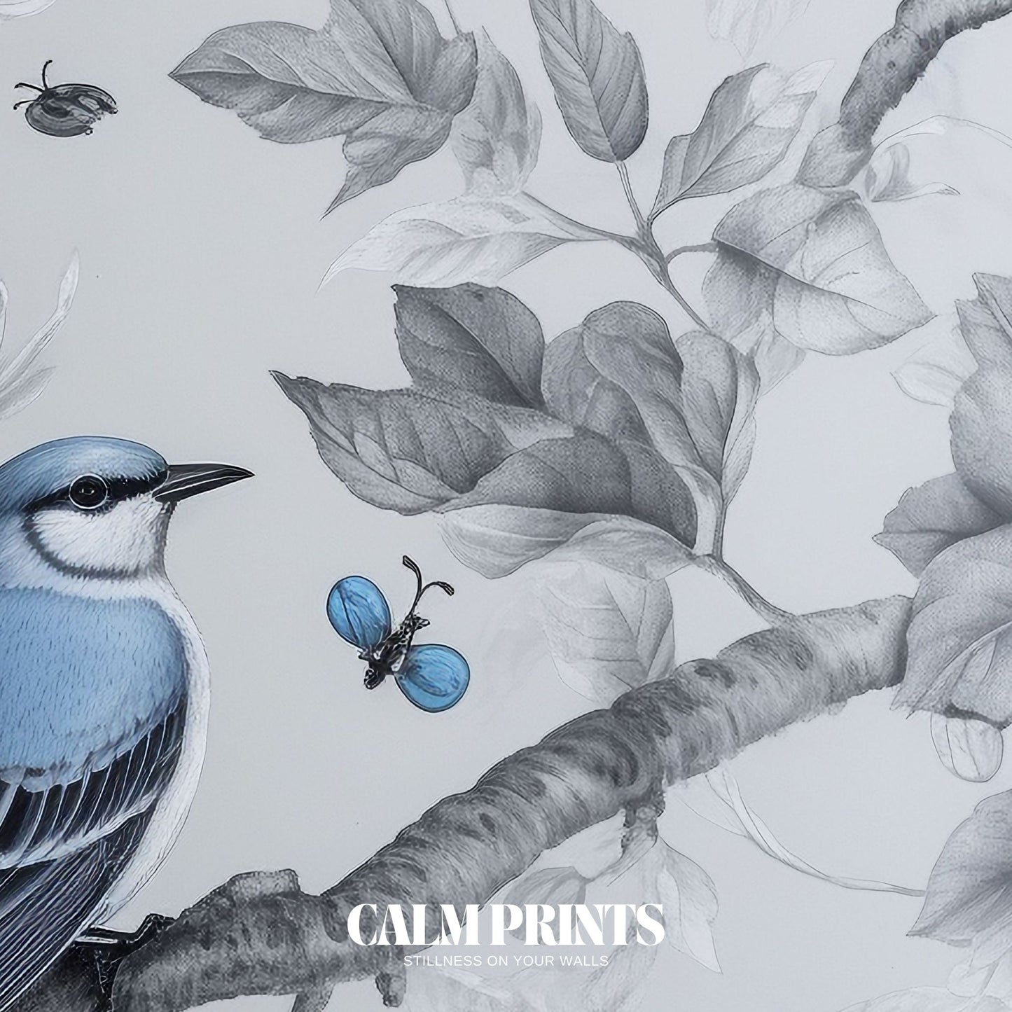 Garden bird with blue feathers surrounded by a canopy of green
