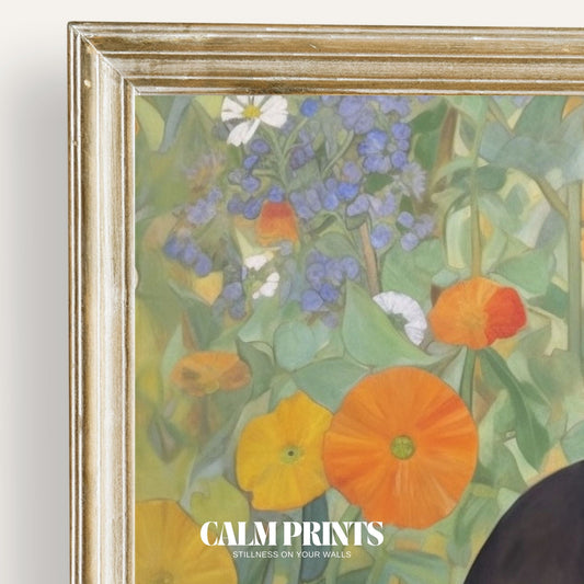 Print of a black cat nestled among vivid flowers and greenery