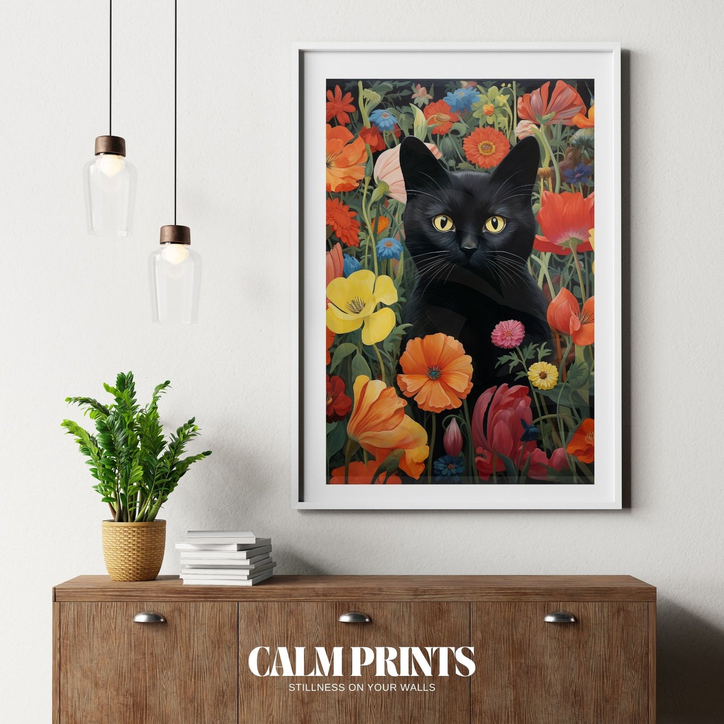 Garden scene with a black cat resting among bright blooming petals