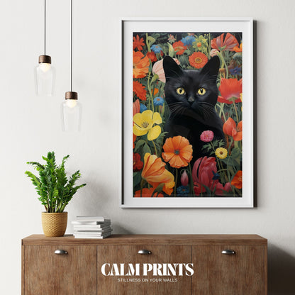 Garden scene with a black cat resting among bright blooming petals