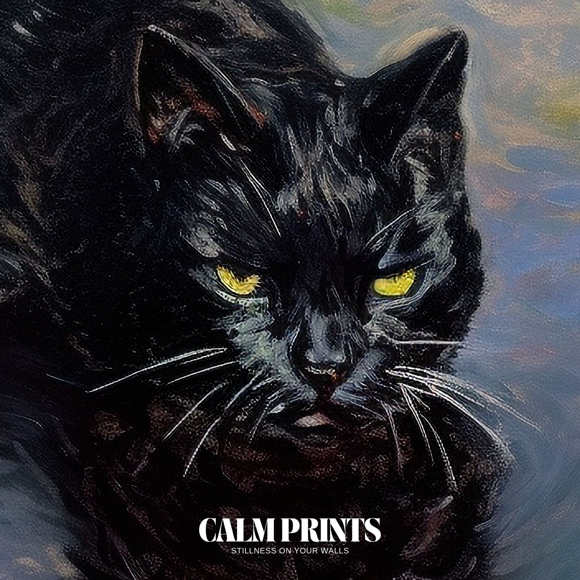 Gentle artwork of a black cat surrounded by soft water lilies in bloom
