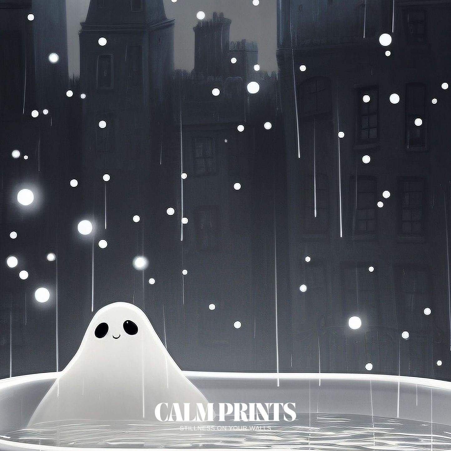 Poster of a gentle rain moment featuring a relaxed ghost at bath time
