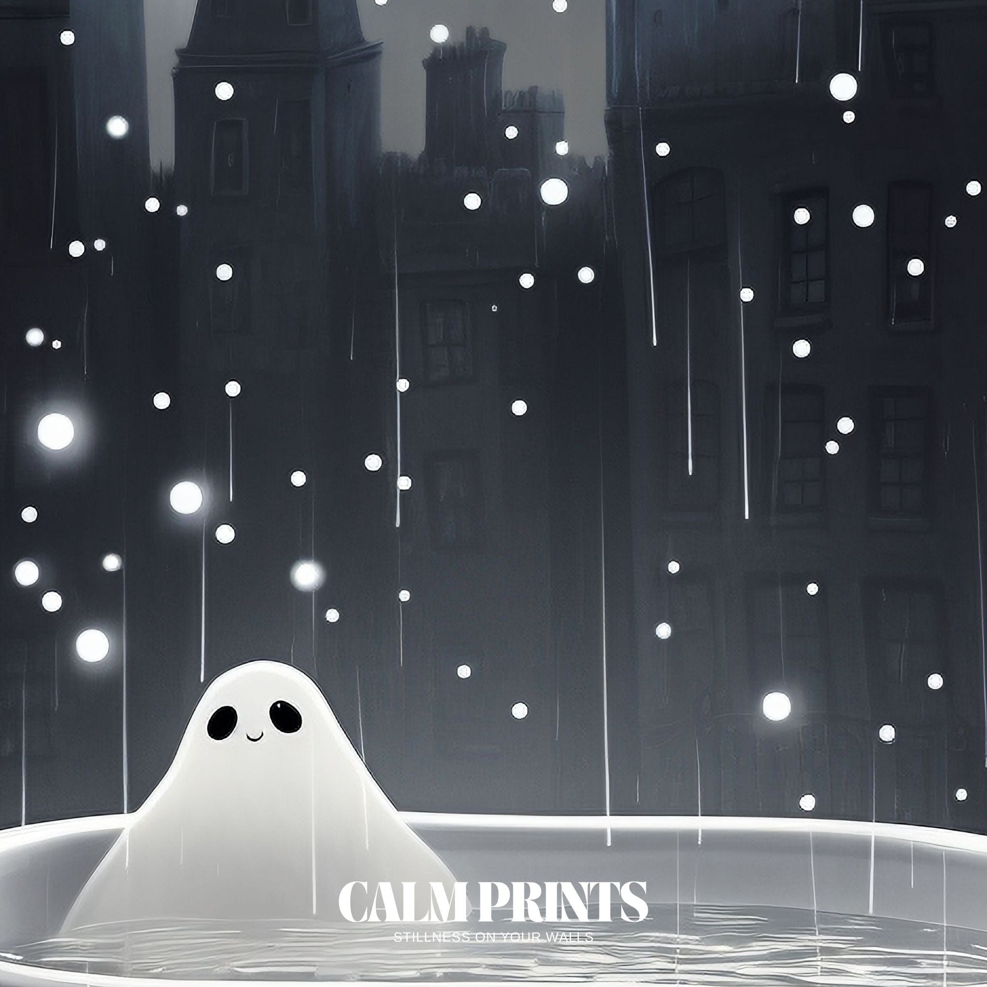 Poster of a gentle rain moment featuring a relaxed ghost at bath time
