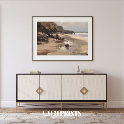 Poster of gentle waves brushing a quiet shore in soothing natural tones
