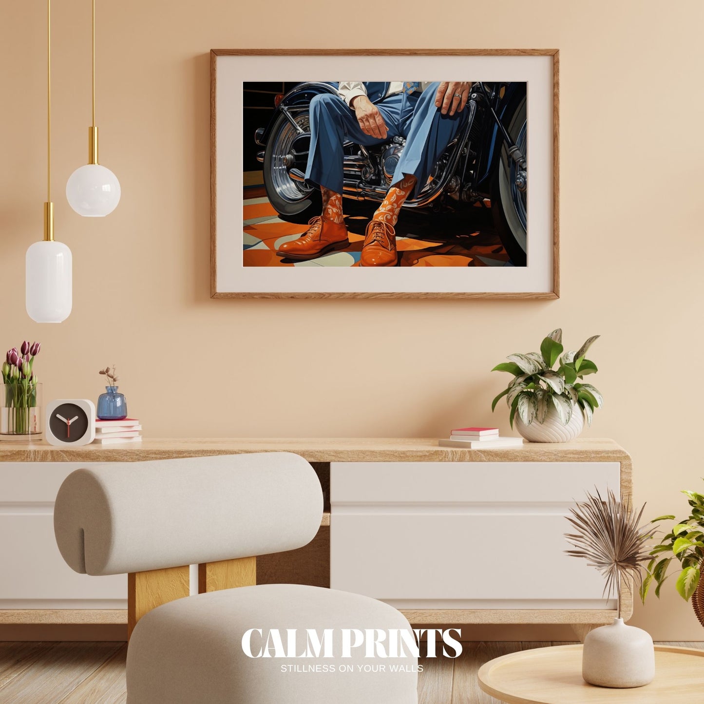 Print of a well-dressed man cycling with vintage flair through the city
