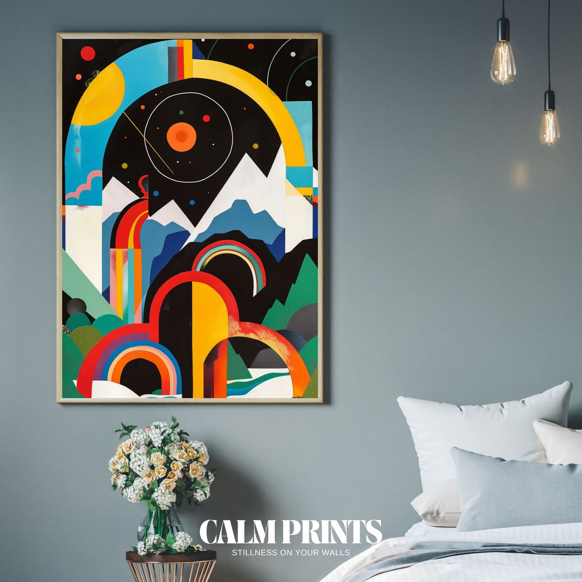 Artwork of geometric hills and horizon in bold, artistic composition
