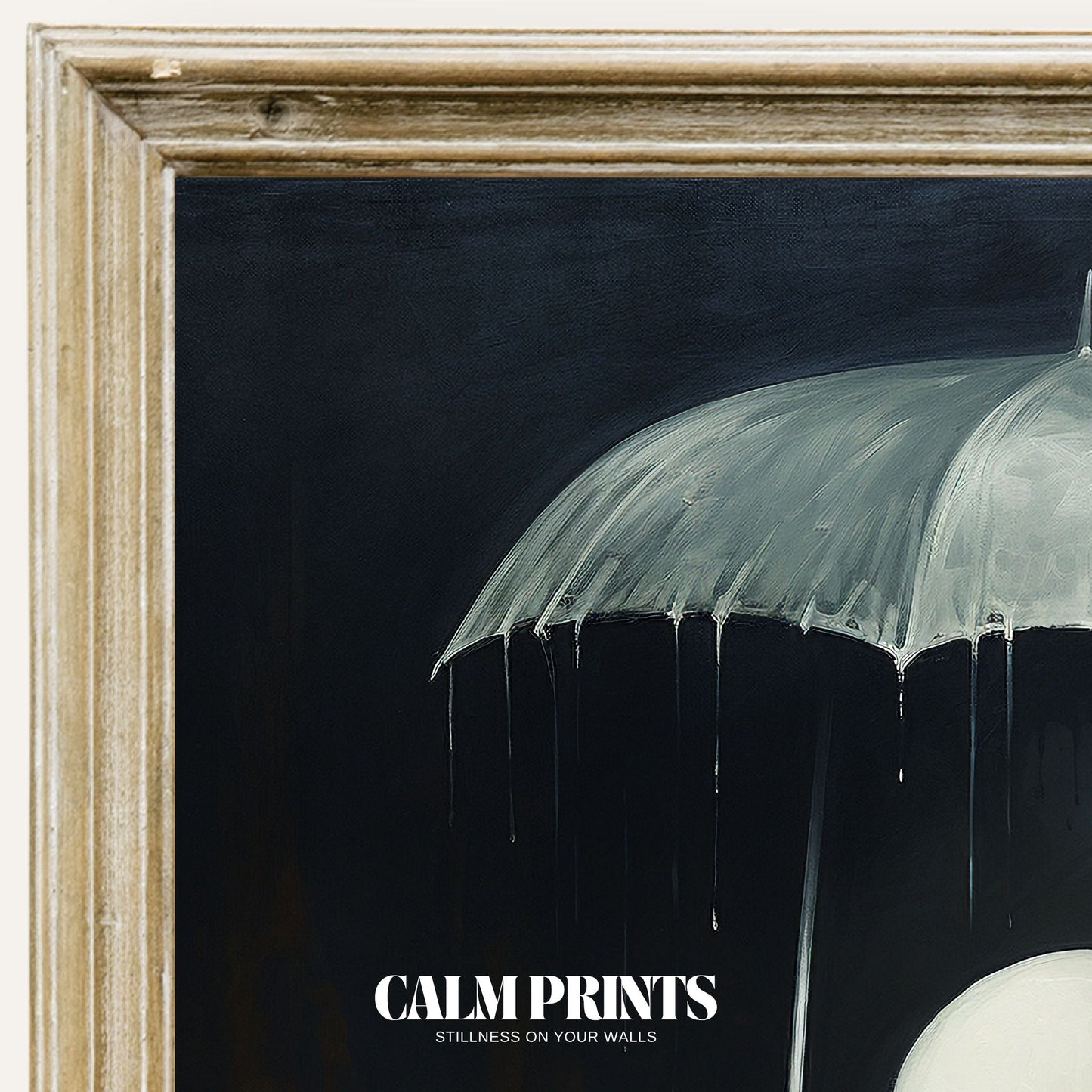 Print of a cute ghost standing in the rain under a glowing umbrella at night
