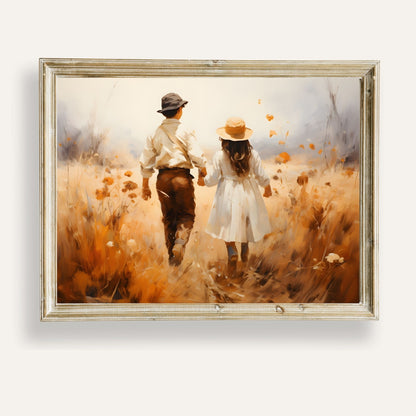 Art print of a tranquil stroll through golden fields at sunset