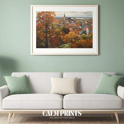 Townscape artwork featuring golden foliage and peaceful pathways
