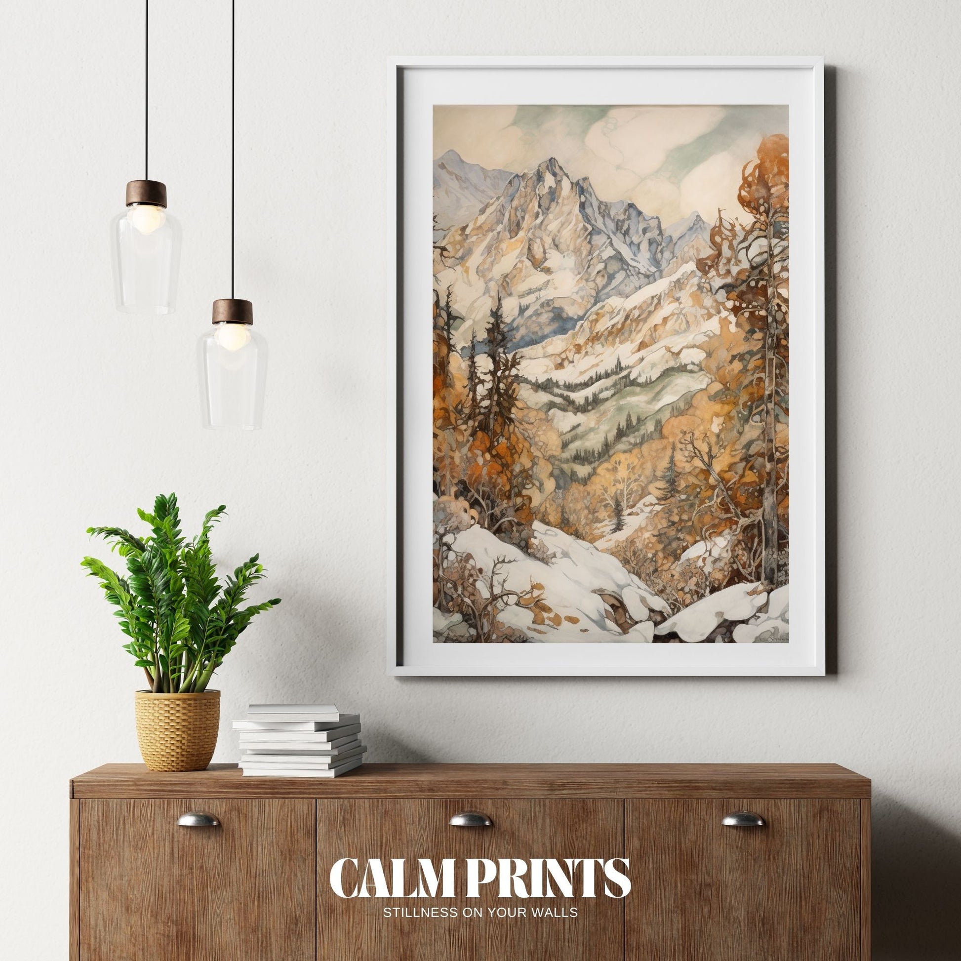 Golden autumn forest at the foot of serene snow-capped mountains