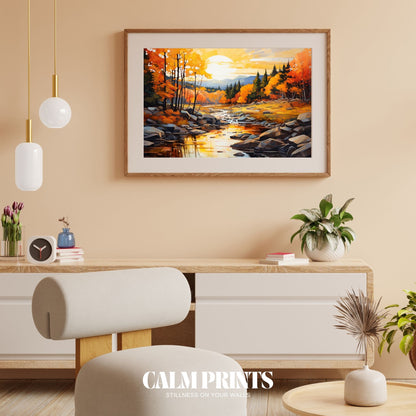 Golden hour light casts warmth over a calm stream in autumn