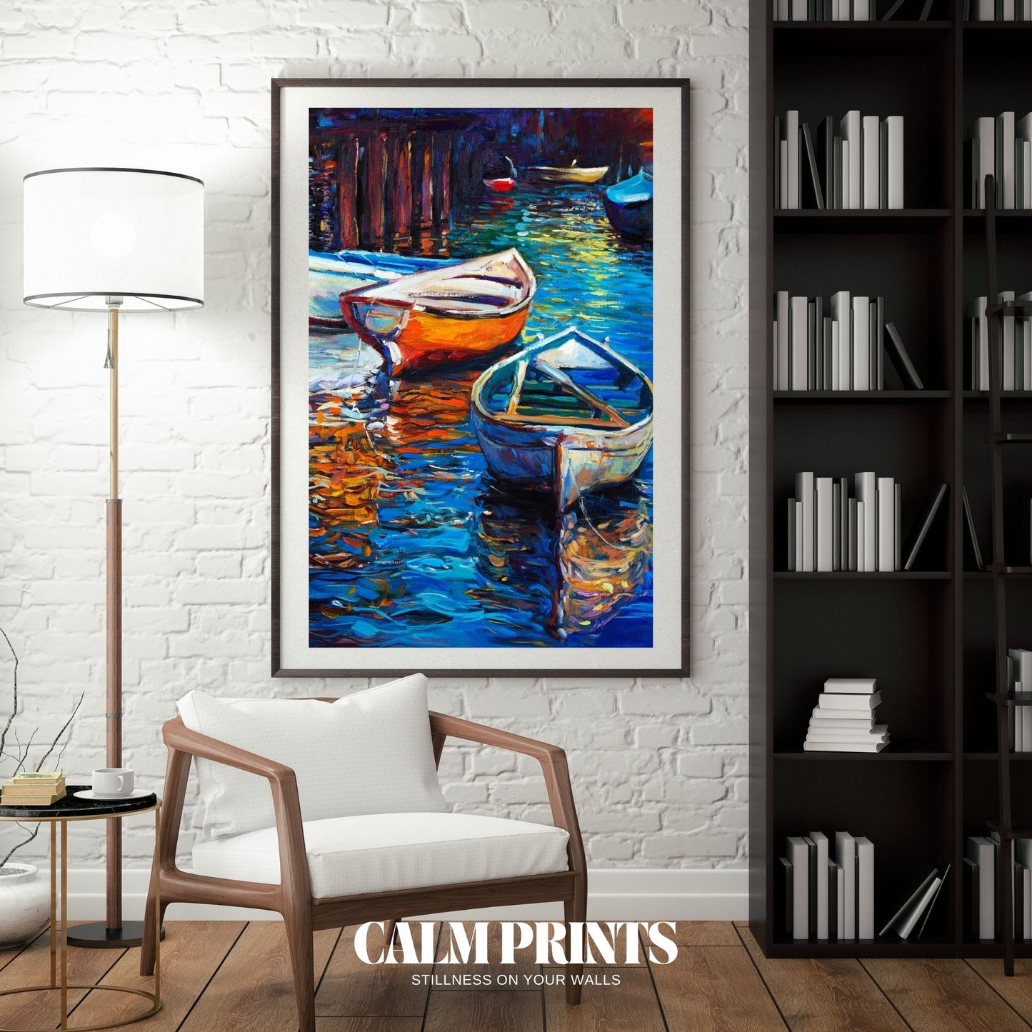 Golden hour print showing moored boats against a glowing sky
