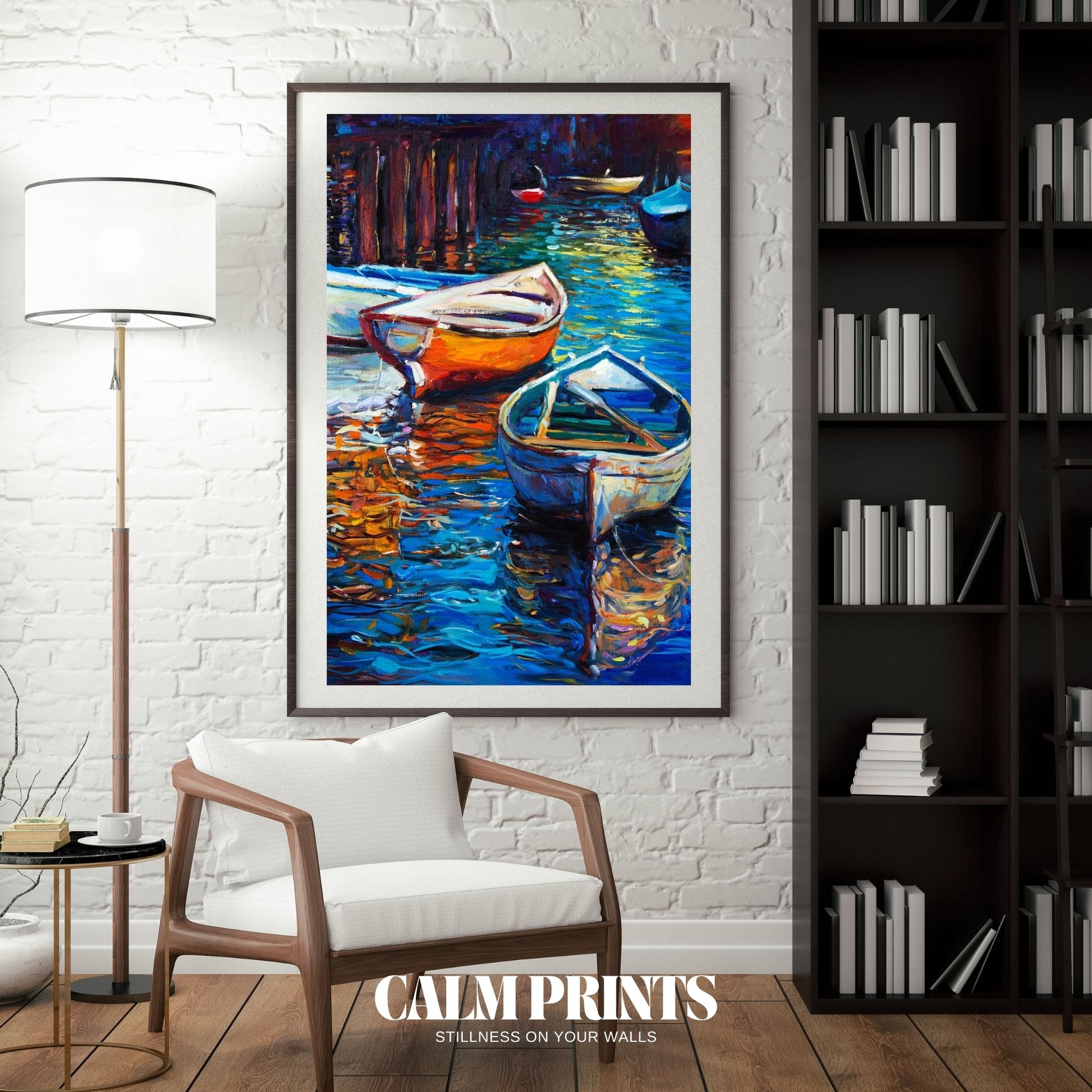 Golden hour print showing moored boats against a glowing sky
