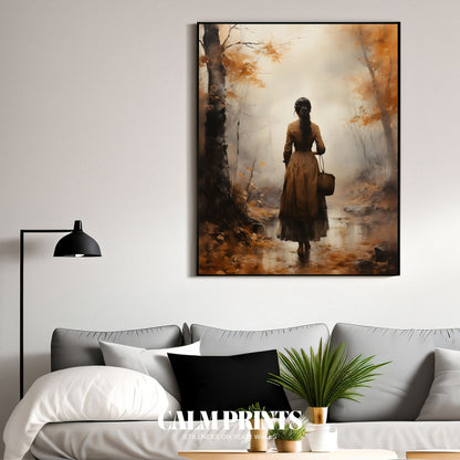 Golden leaves and soft morning fog create a magical forest scene