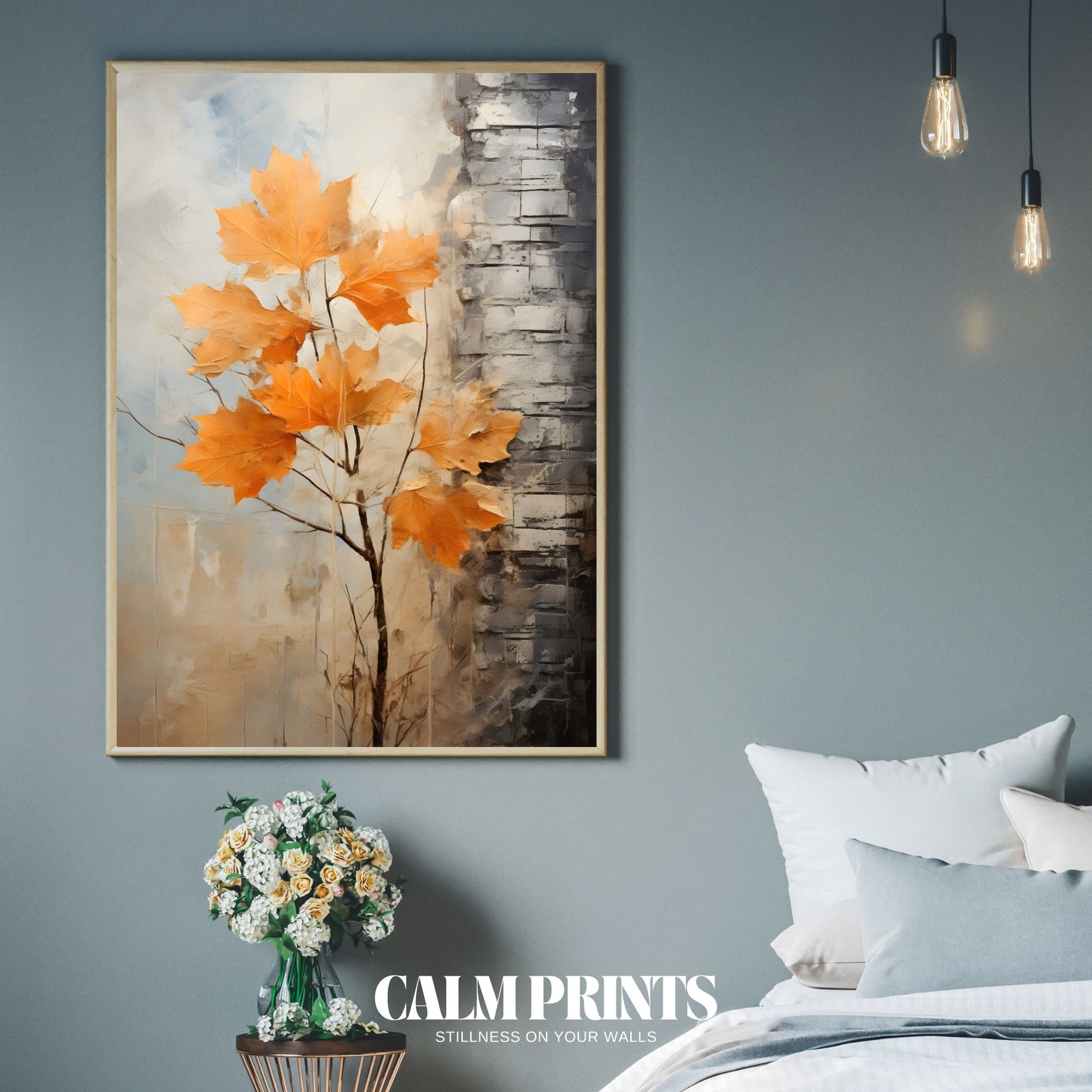 Golden autumn leaves nestled against a quiet, timeless brick wall