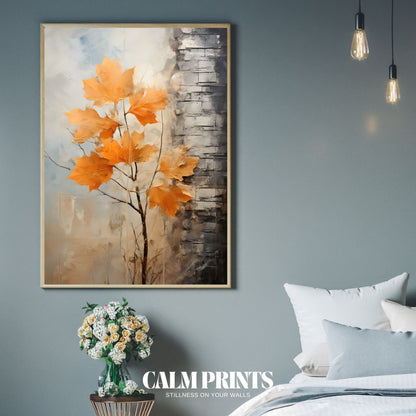 Golden autumn leaves nestled against a quiet, timeless brick wall