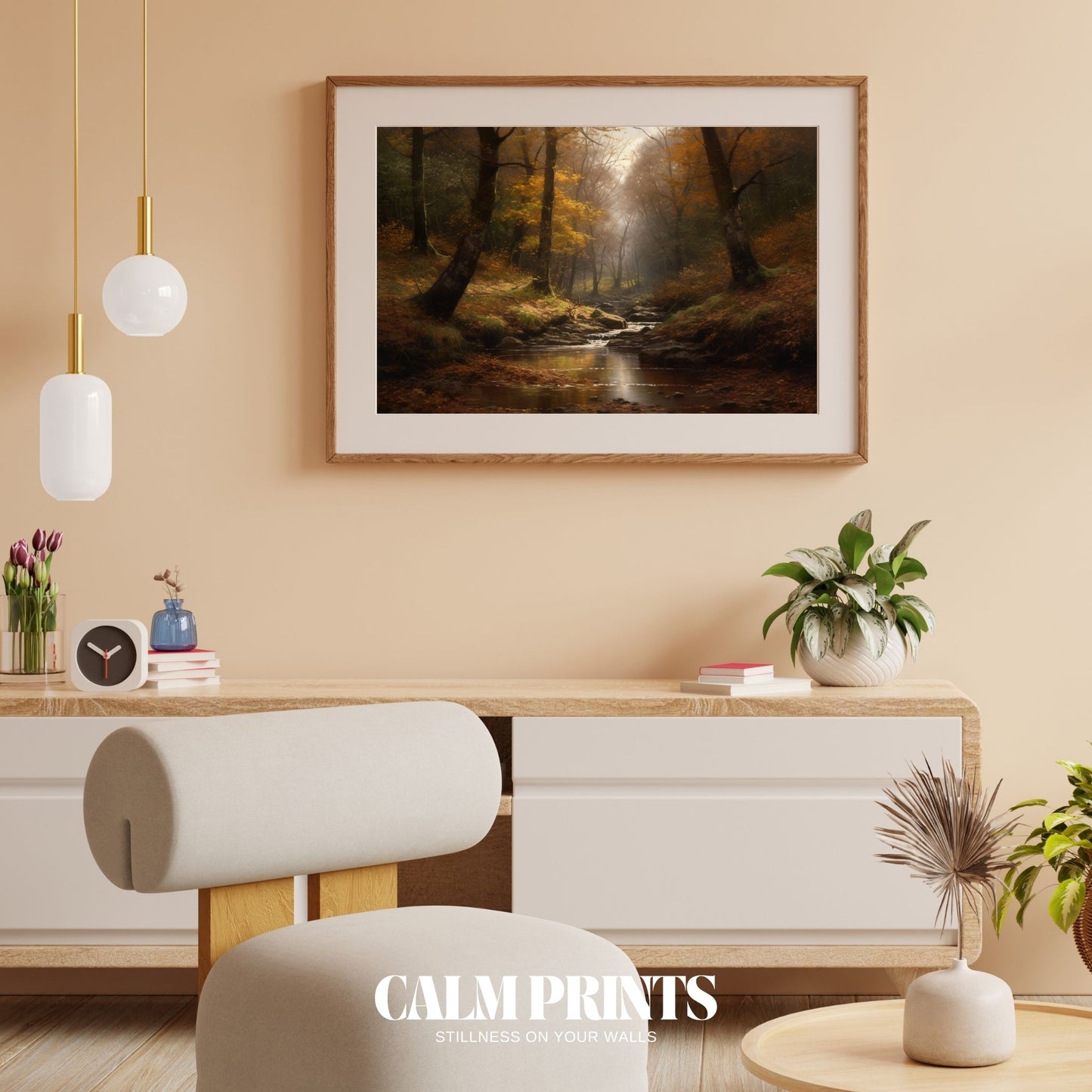 Golden light falls through Nordic trees in this serene autumn print
