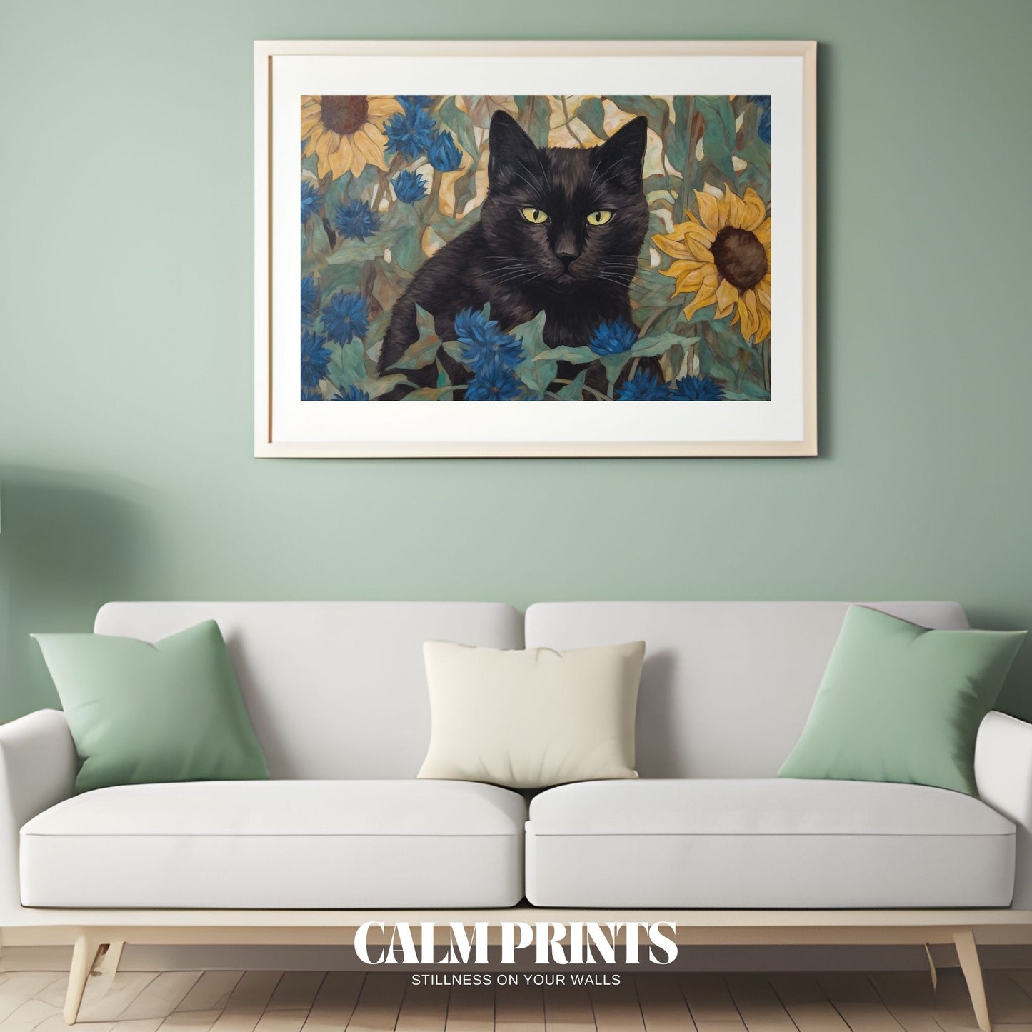 Golden sunflower garden with a curious cat hidden in the blooms