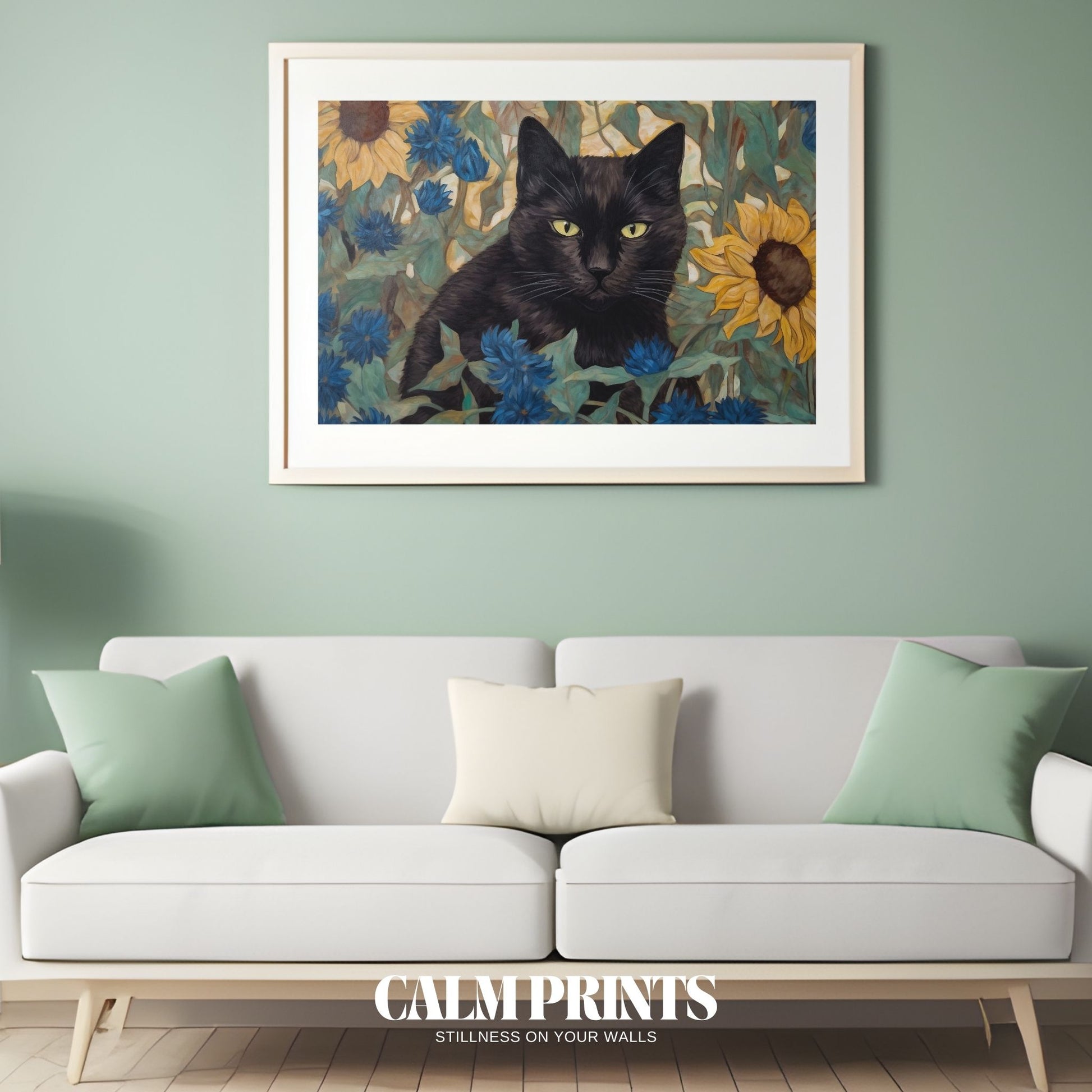 Golden sunflower garden with a curious cat hidden in the blooms