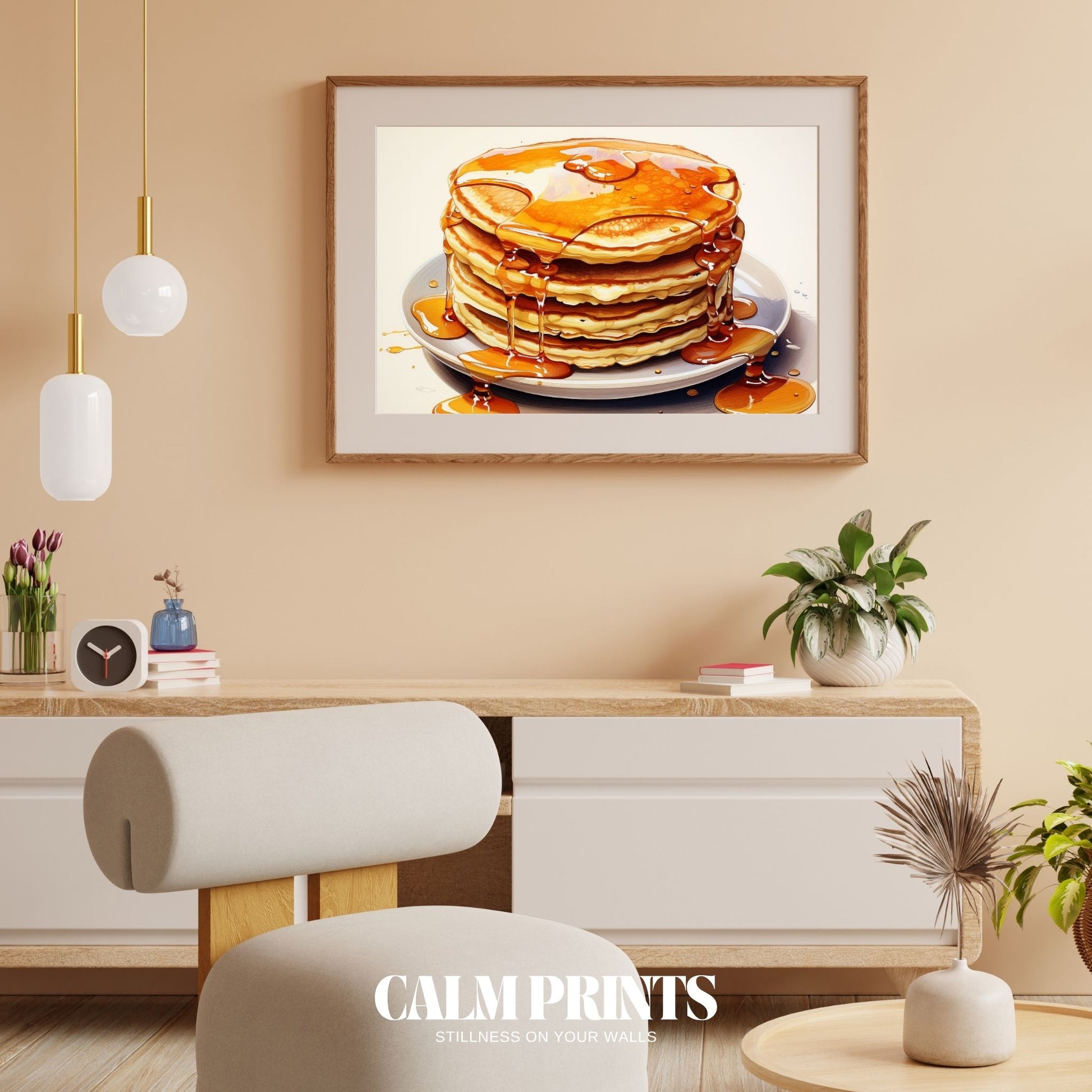 Artwork of fluffy pancakes topped with golden syrup in delicious detail

