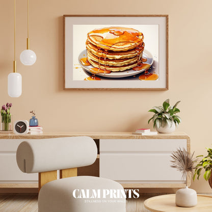 Artwork of fluffy pancakes topped with golden syrup in delicious detail
