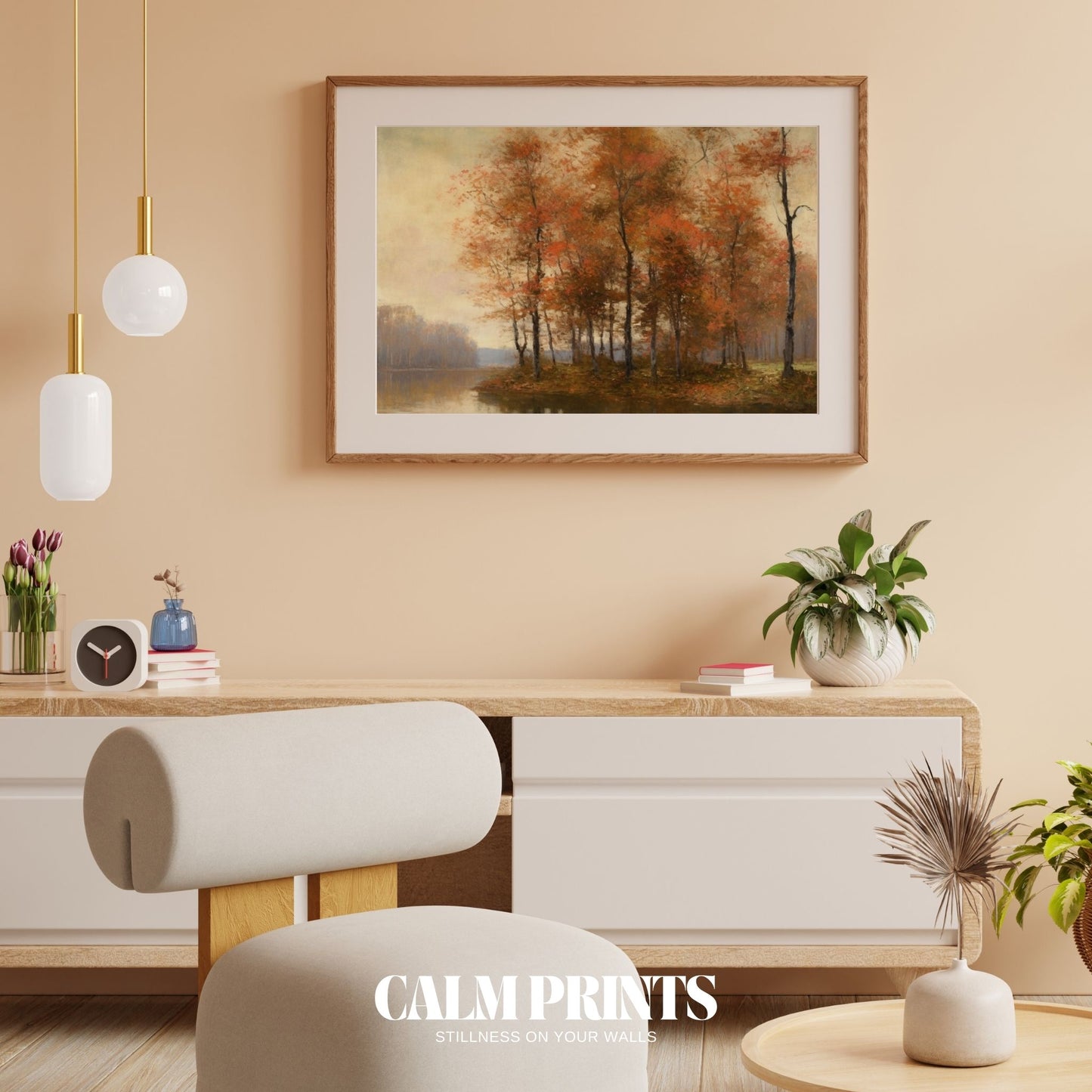 Golden trees meet the lake horizon in a serene autumn scene