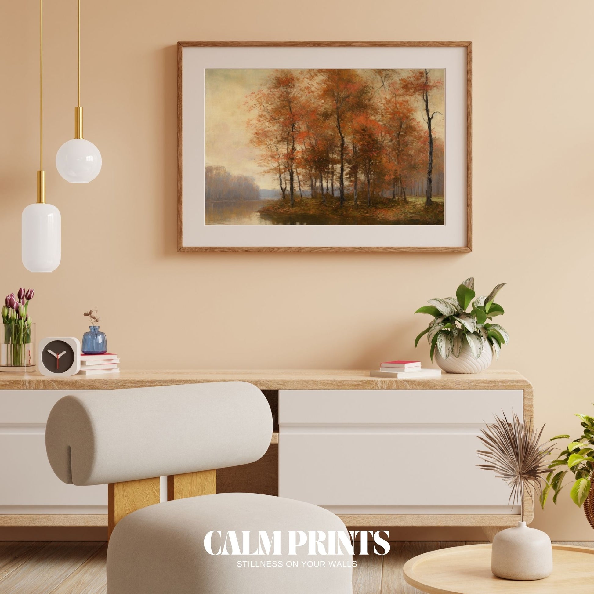 Golden trees meet the lake horizon in a serene autumn scene