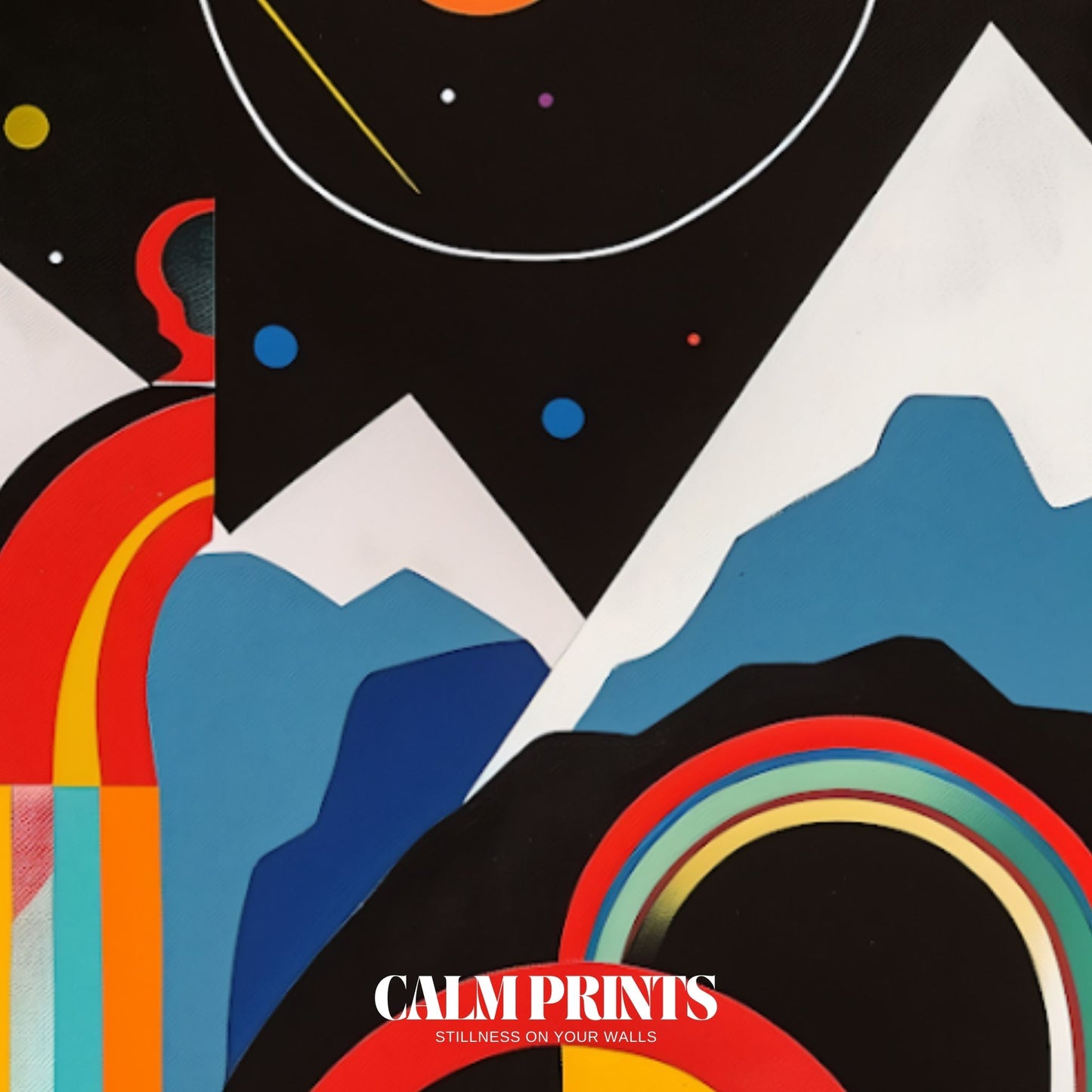 Print of a graphic landscape built from bright geometric forms
