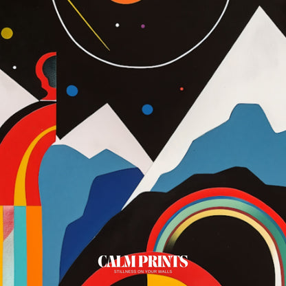 Print of a graphic landscape built from bright geometric forms
