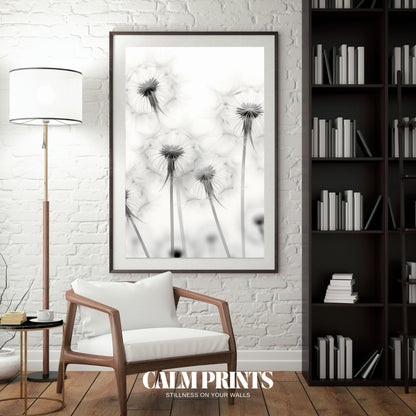 Grayscale dandelion flower sketch with detailed line work for neutral decor