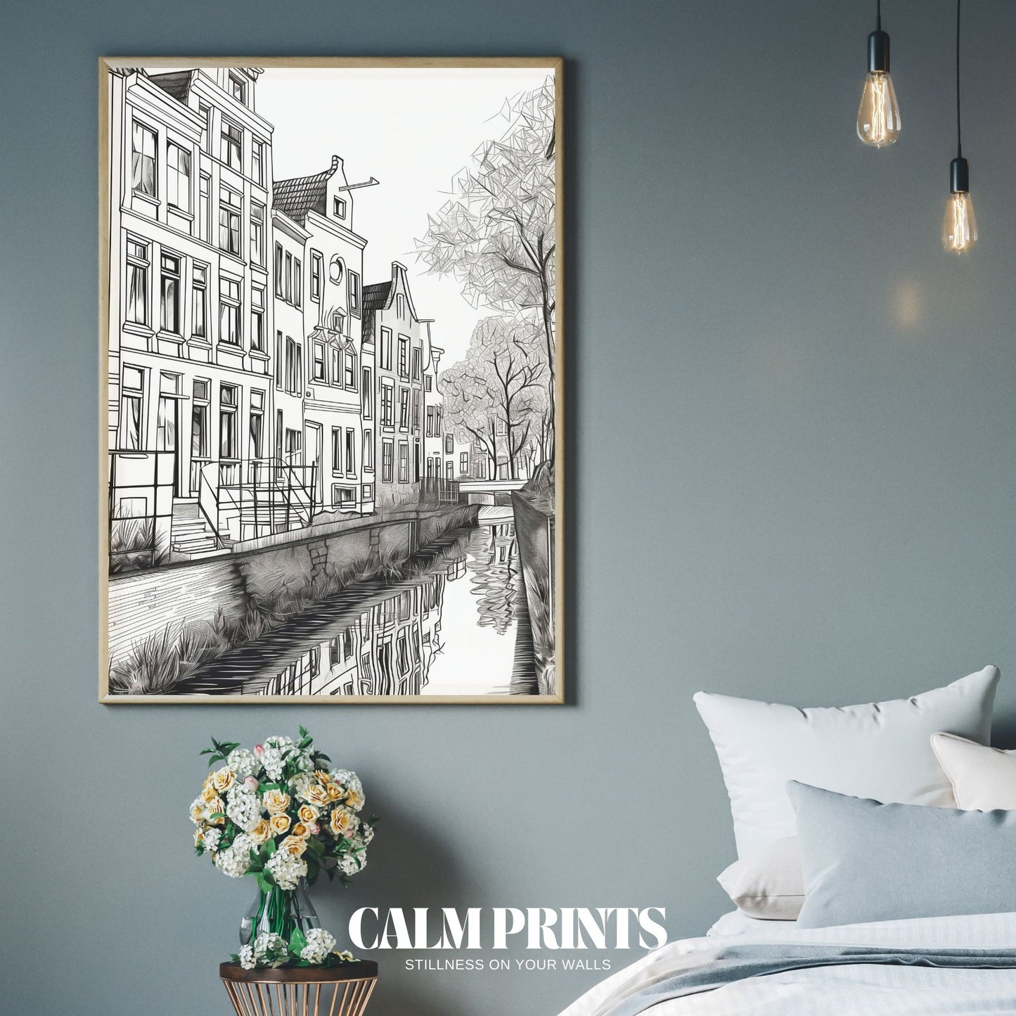 Hand-drawn art print featuring detailed canal house architecture
