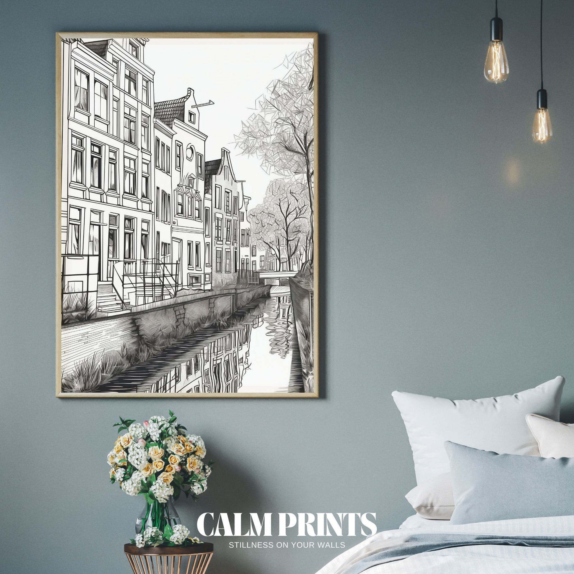 Hand-drawn art print featuring detailed canal house architecture
